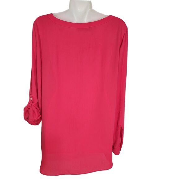 Ann Taylor Loft Womens Blouse Small Pink Long Rolled Tab Sleeves Pocket Tunic - Picture 2 of 8